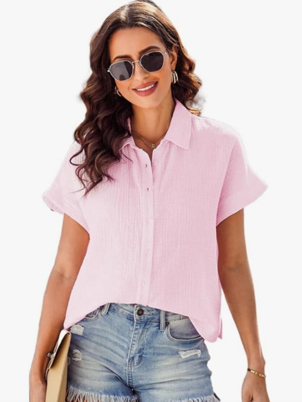 Dokotoo Gauze cotton air plush cotton Short Sleeve Shirt pastel pink medium